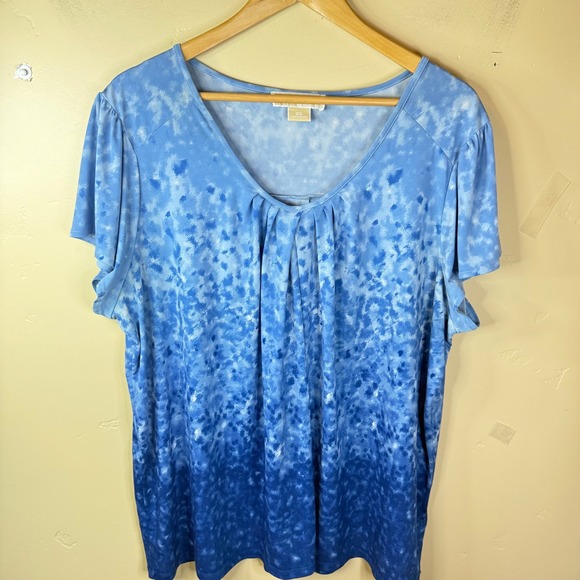 Michael Kors 3X Blue Watercolor Print Pleated Neck Short Sleeve Top - Picture 1 of 6